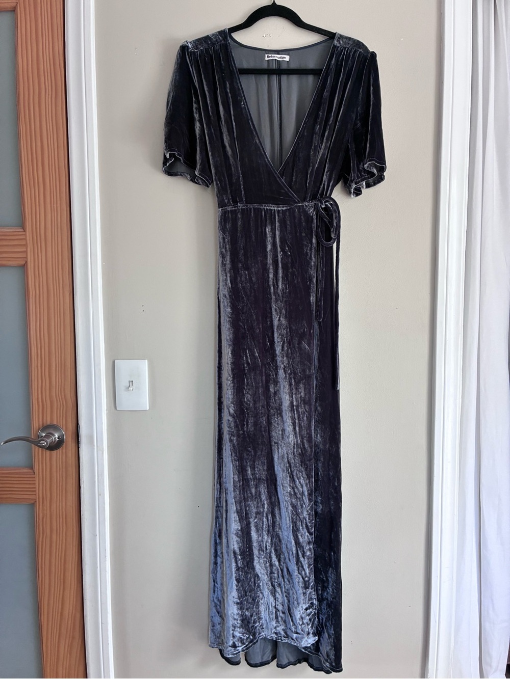 Reformation Velvet Silk Maxi Wrap Dress in Charcoal Gray